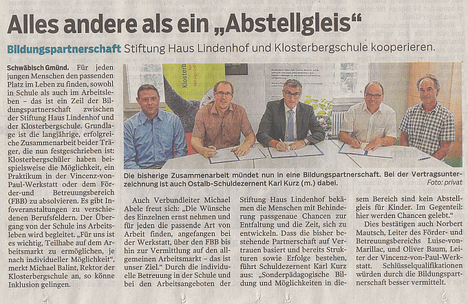 Bericht in der Gm&uuml;nder Tagespost:&nbsp;Bildungspartnerschaft mit Haus Lindenhof